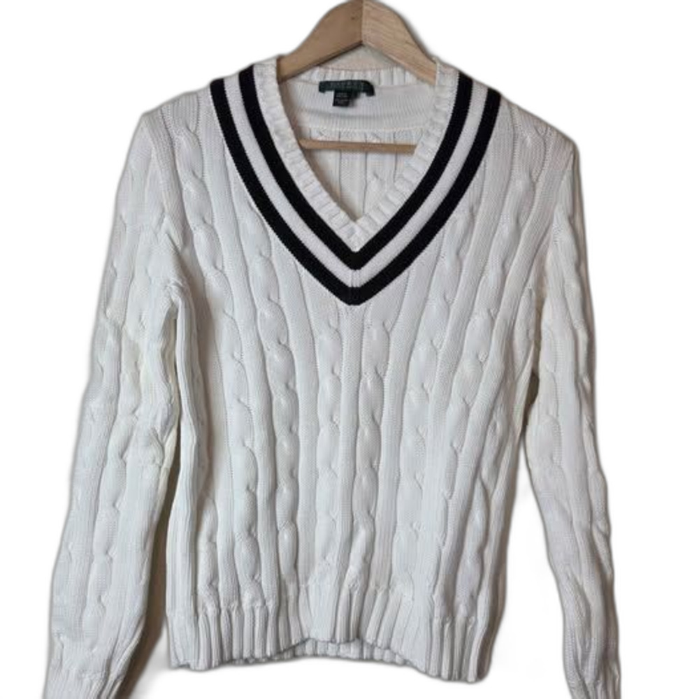 Lauren Ralph Lauren White Cable-Knit V-Neck Sweater Size L